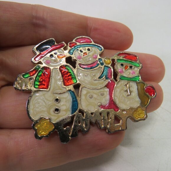 Vintage Enamel Snowman Family Winter Holiday Brooch Lapel Pin - Picture 5 of 10